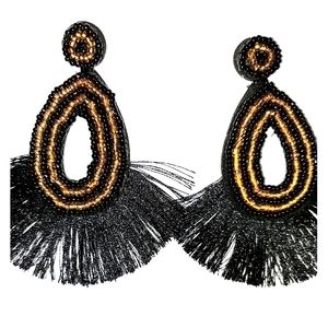 3/$25 Black & Gold Beaded Fringe Fan Drop Earrings